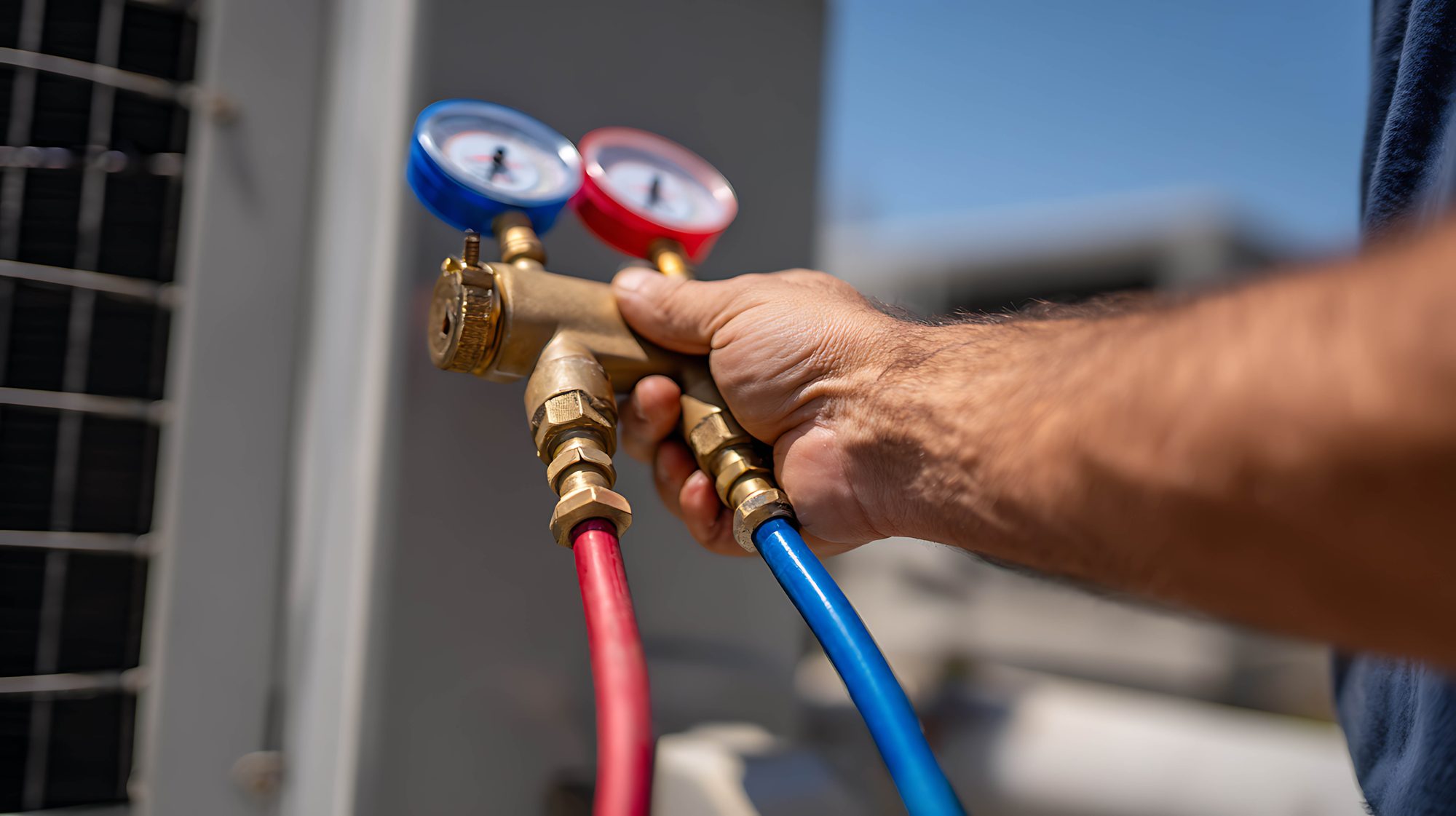 HVAC technician checking refrigerant pressure with manifold gauges